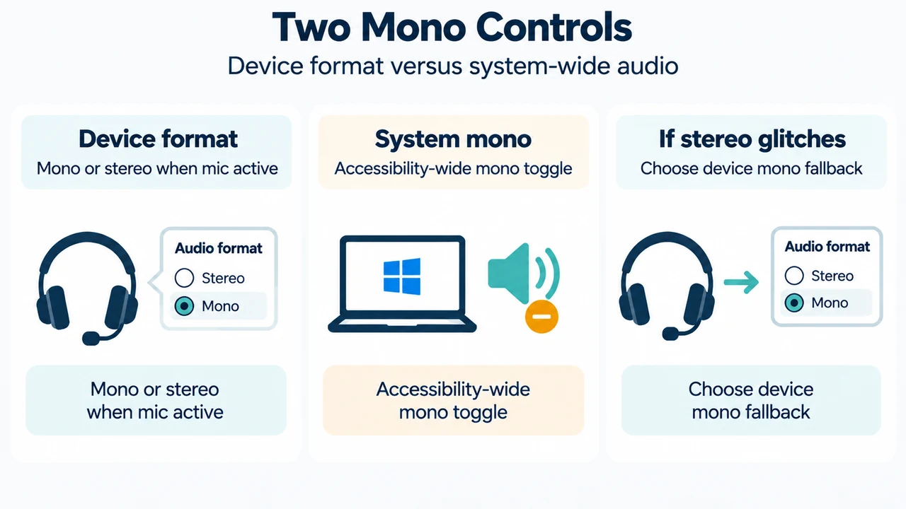 Comparison of the Bluetooth microphone-active format setting and the separate Windows system-wide mono audio toggle.