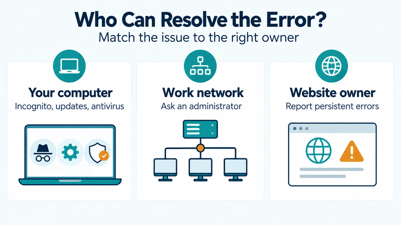 Comparison of computer, managed network, and website-owner responsibility for Chrome certificate errors