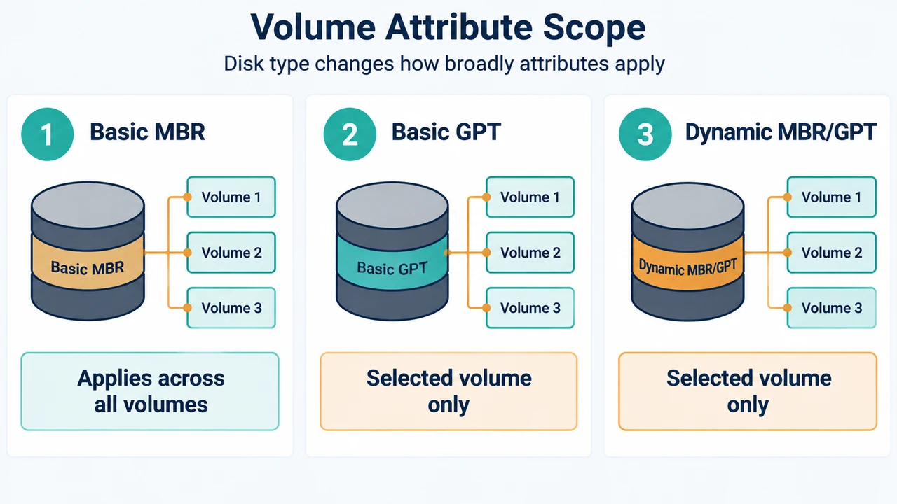 Comparison of volume attribute scope on MBR and GPT or dynamic disks