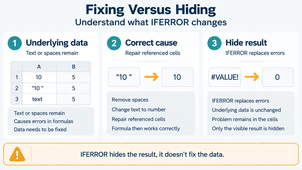 Comparison of fixing an Excel error and hiding it with IFERROR