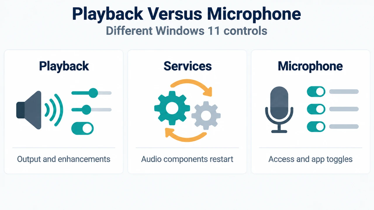 Comparison of Windows 11 playback fixes and microphone privacy checks