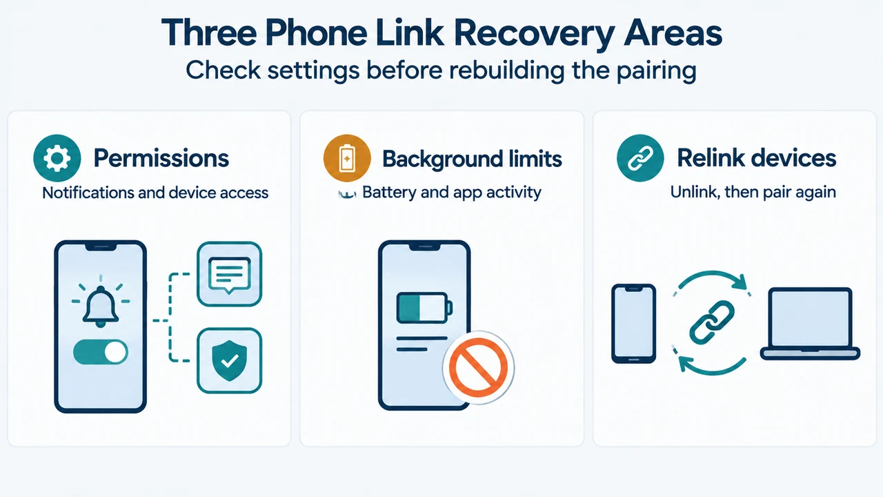 Comparison of Phone Link permission checks, background restrictions, and relinking