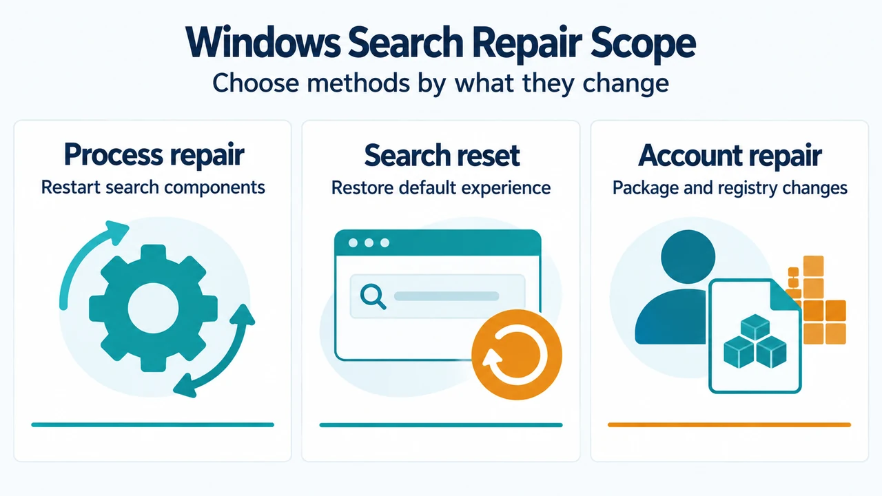 Comparison of Windows Search remedies by recovery scope and caution