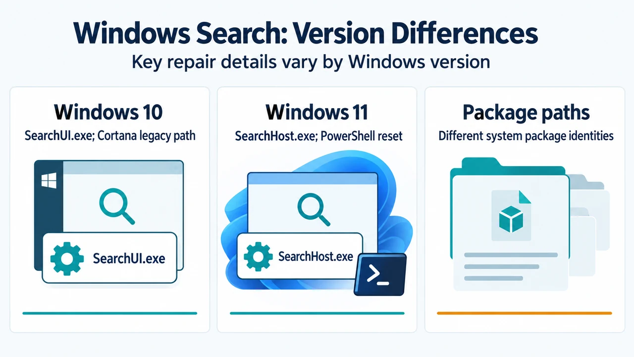 Comparison of Windows Search repair details for Windows 10 and Windows 11