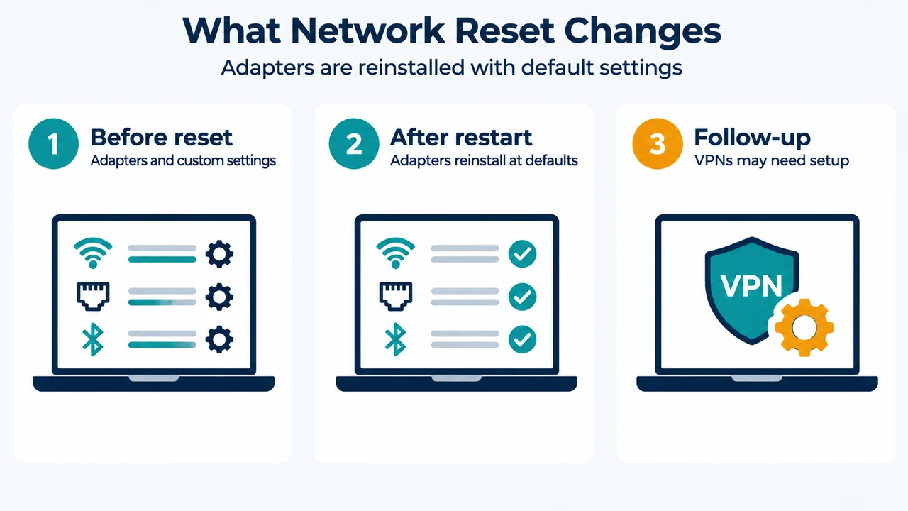 Before and after effects of Windows 11 Network Reset on adapters and network settings