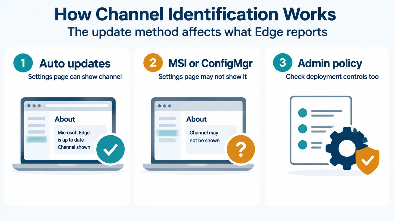 Comparison of Edge channel identification through automatic updates versus MSI or Configuration Manager deployment.