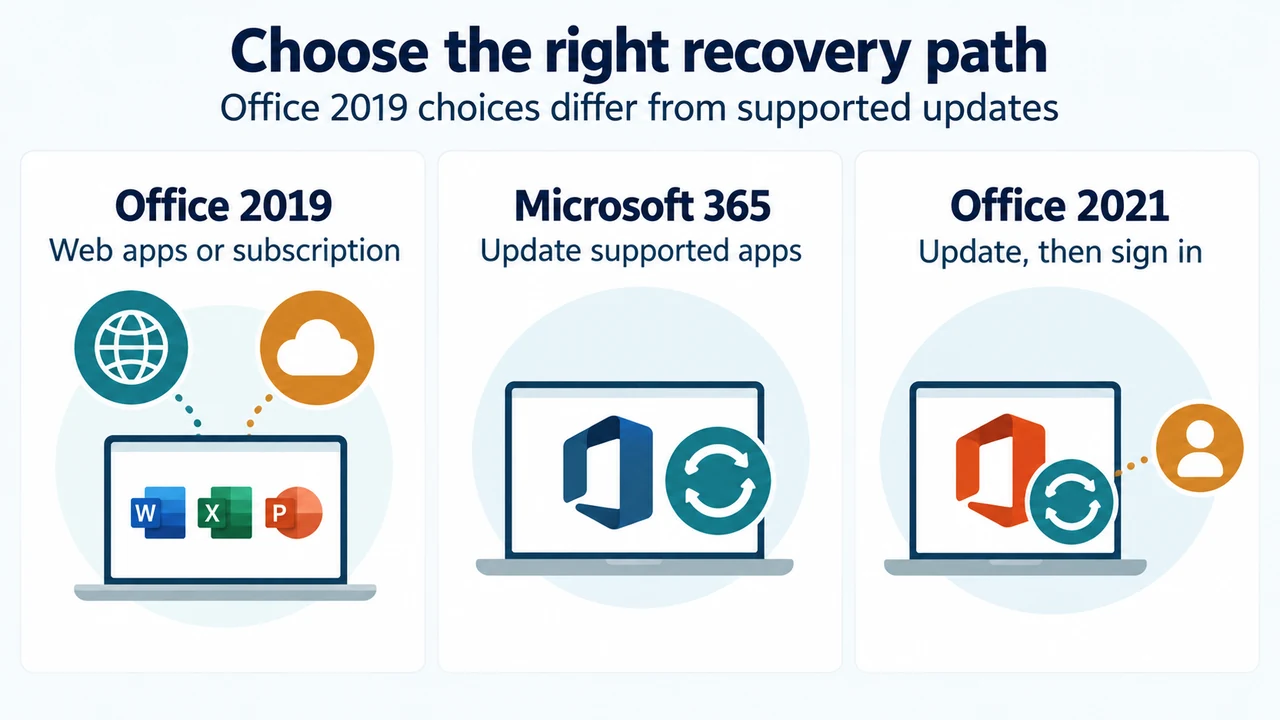 Comparison of Office 2019 recovery choices and supported update path