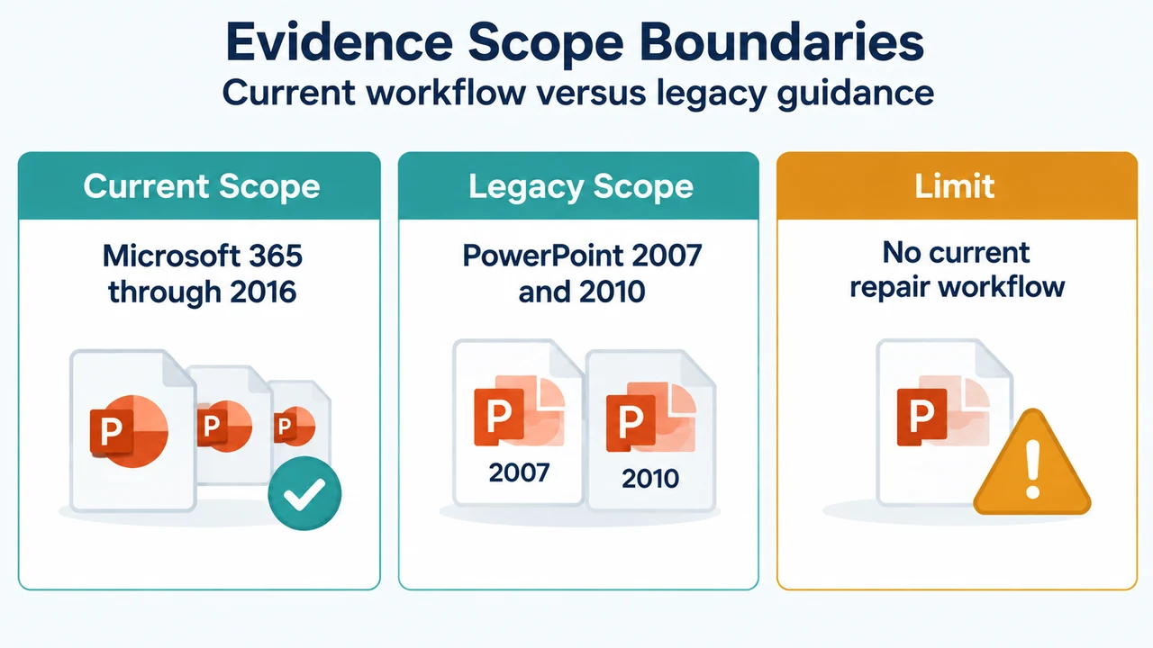 Comparison of current PowerPoint guidance and legacy PowerPoint evidence