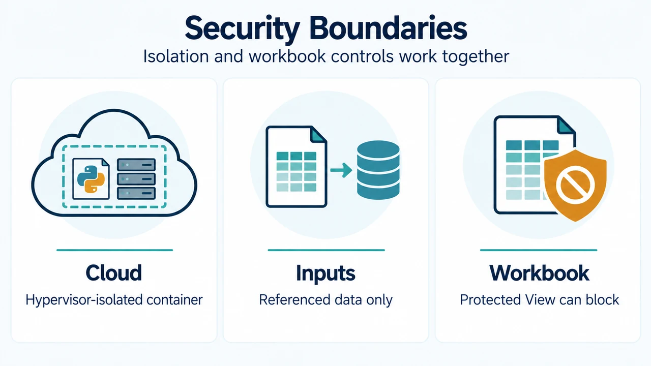 Comparison of Python in Excel cloud boundaries and untrusted workbook controls