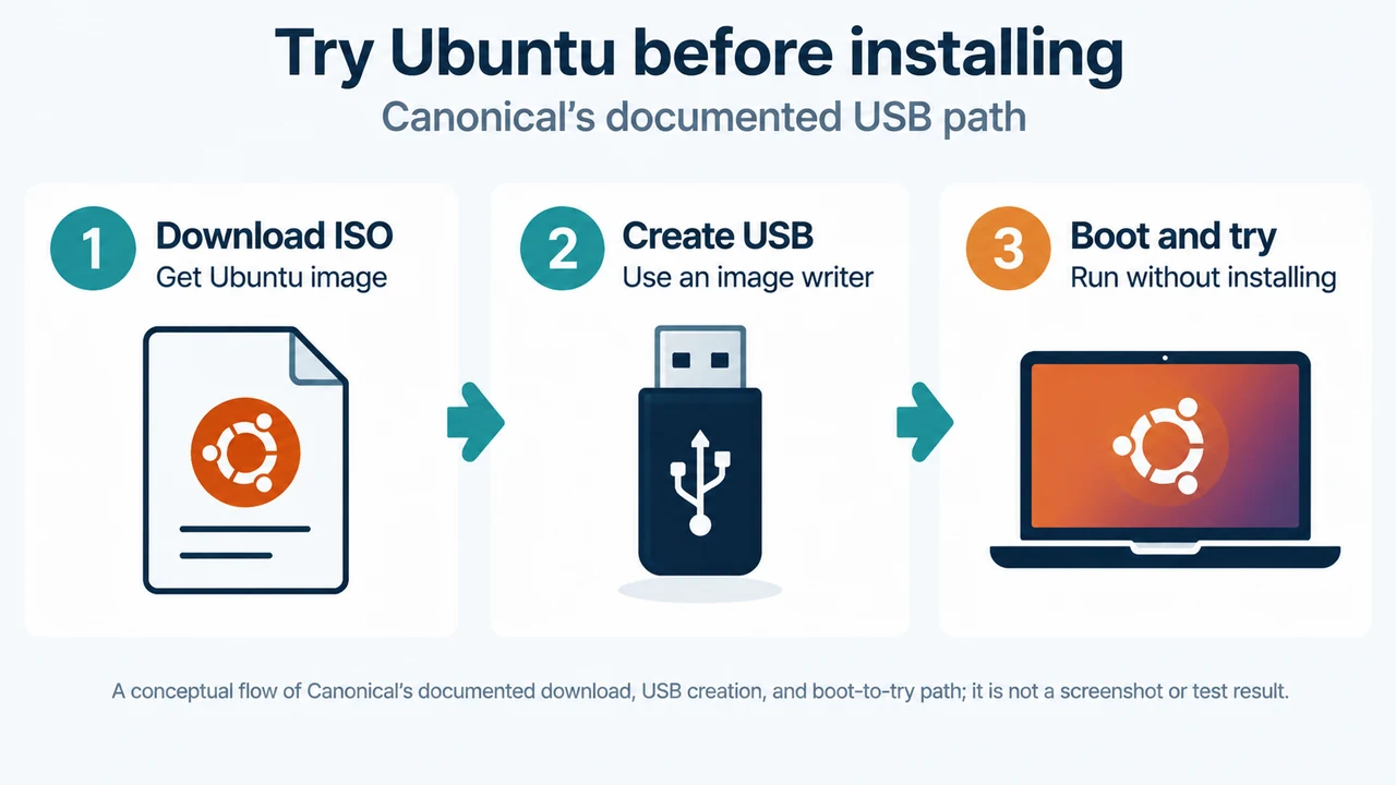 Three-step Ubuntu USB trial path before installation