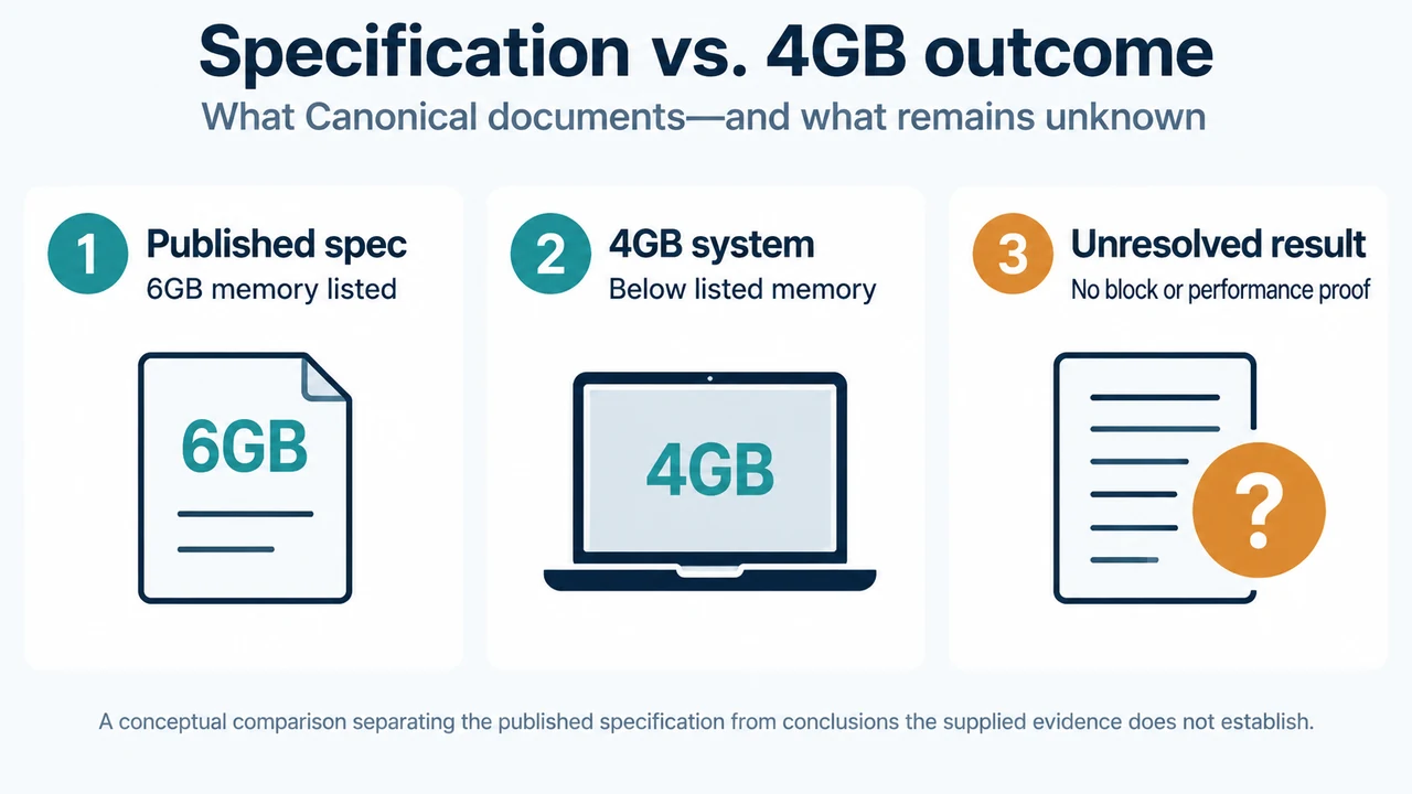 Comparison of Ubuntu Desktop’s documented specification and unresolved 4GB PC outcome