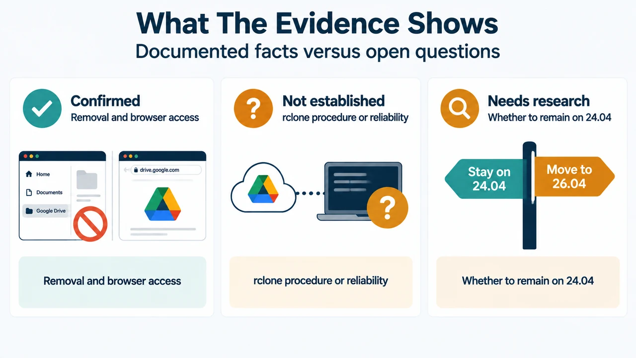 Evidence boundary showing documented facts versus unverified alternatives for Google Drive on Ubuntu 26.04 LTS