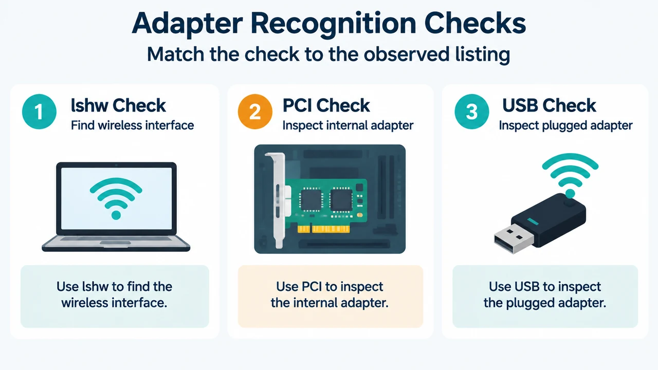 Comparison of Ubuntu adapter checks using lshw and PCI or USB device listings