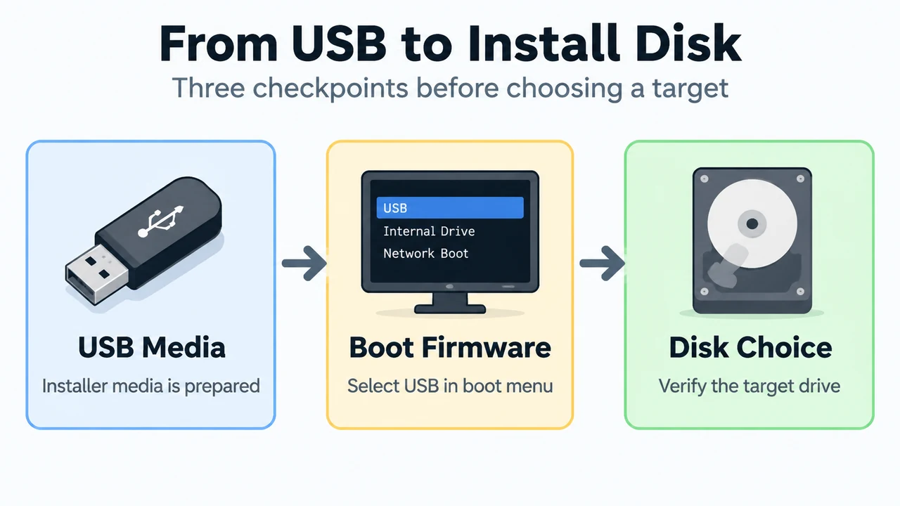 Flow from Ubuntu USB recognition to firmware boot selection and installer disk choice