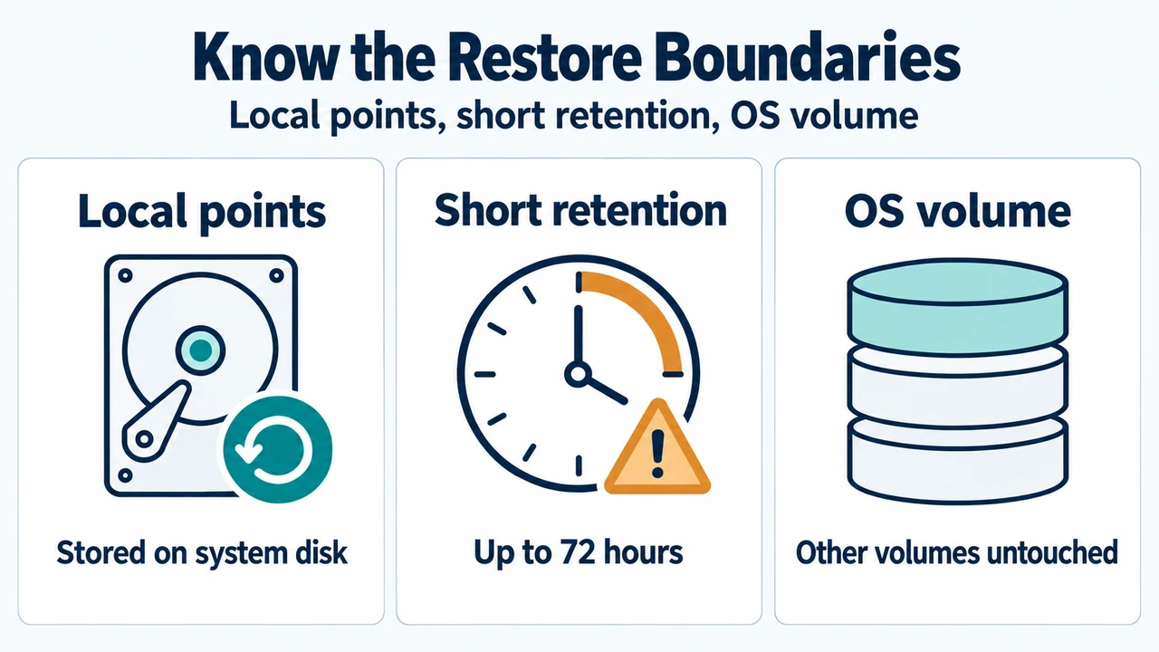 Point-in-time restore boundaries for retention, storage, and volumes