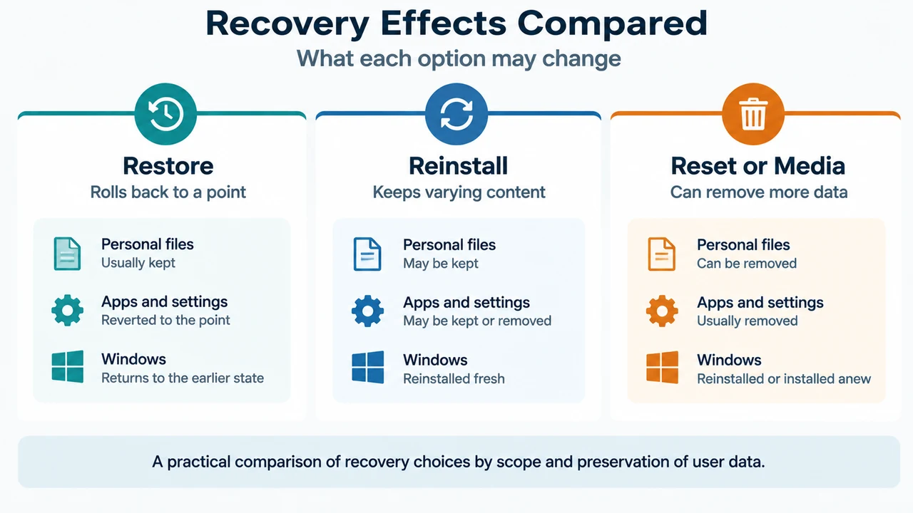 Comparison of Windows recovery options and their effects on files and settings