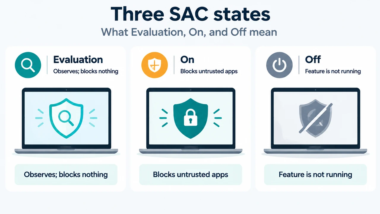 Comparison of Smart App Control Evaluation, On, and Off states