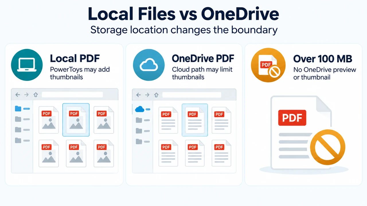 Comparison of local and OneDrive PDF thumbnail behavior