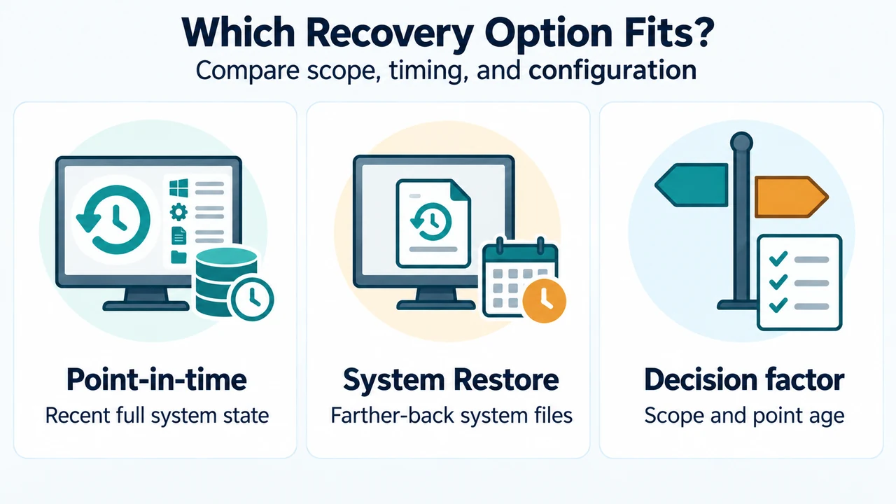 Comparison of Point-in-time restore and System Restore by timing, scope, and configuration location.