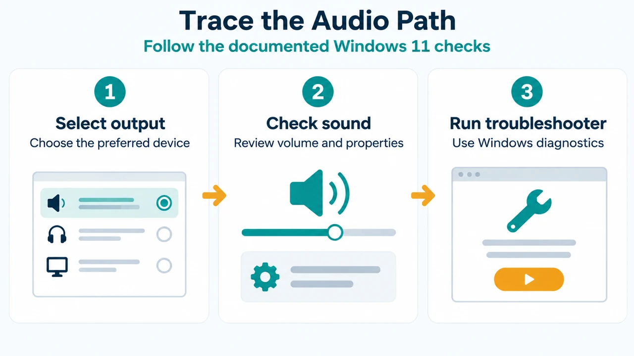 Ordered Windows 11 audio troubleshooting path