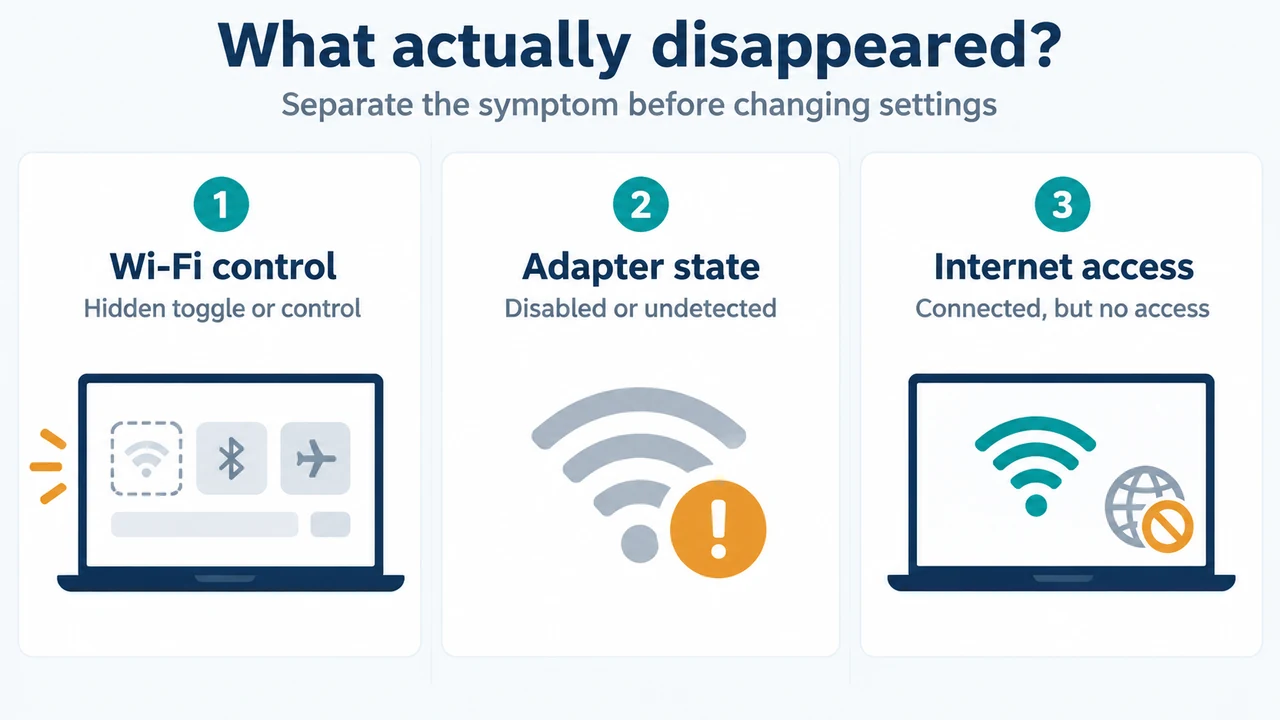 Comparison of missing Wi-Fi control, adapter state, and later internet access failure