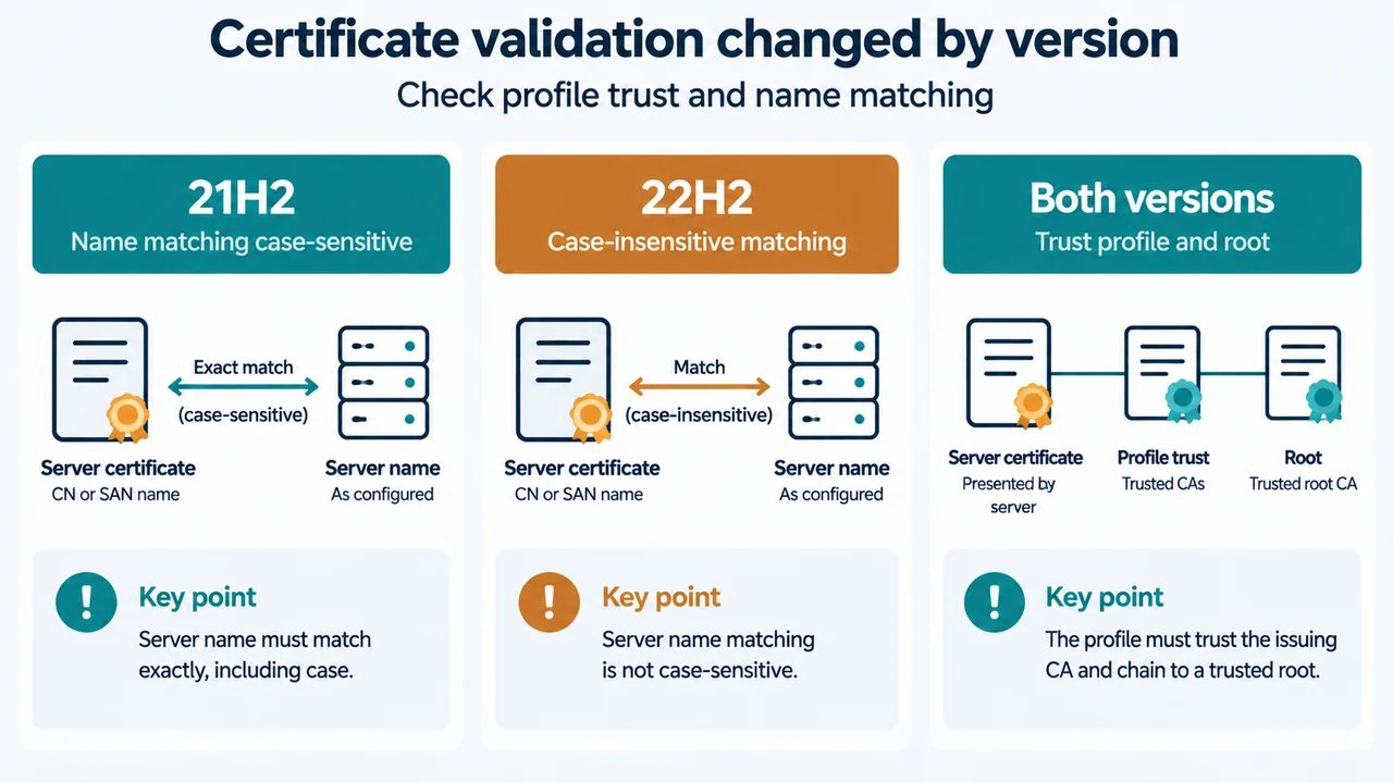 Comparison of Windows 11 21H2 and 22H2 certificate name matching behavior