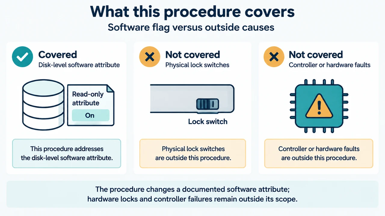 Comparison of software read-only attributes covered by DiskPart and hardware causes outside this procedure.