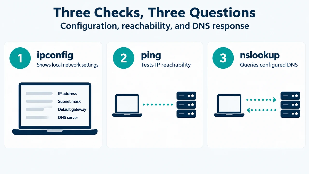 Comparison of ipconfig, ping, and nslookup diagnostic roles in Windows DNS troubleshooting.