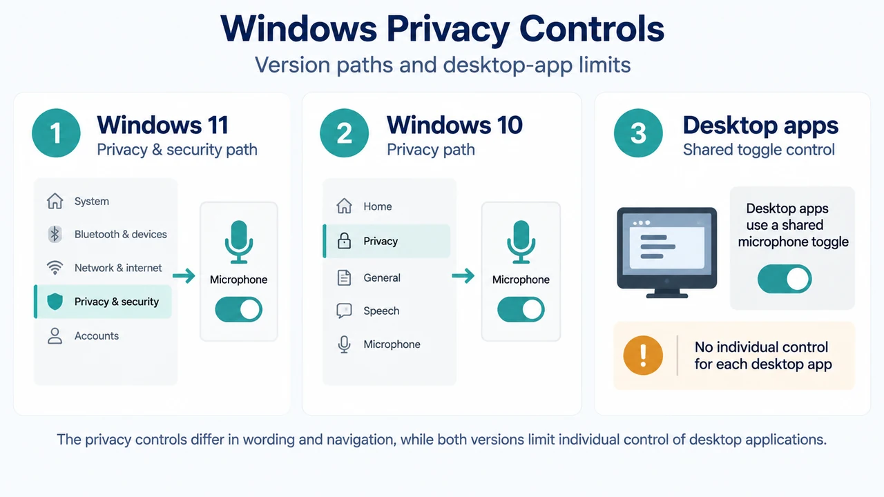 Windows 11 and Windows 10 microphone privacy settings compared