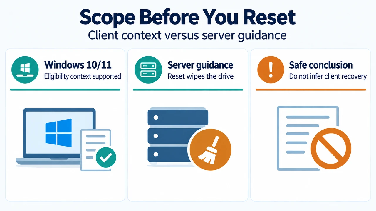 Comparison of Windows 10 and 11 context with server reset documentation.