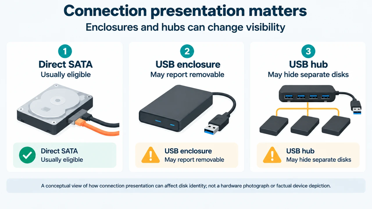 Comparison of direct disk presentation and USB enclosure or hub presentation
