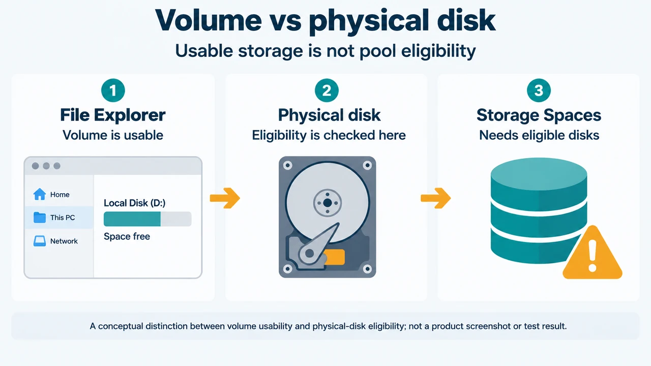 Comparison of a usable File Explorer volume and an eligible physical disk