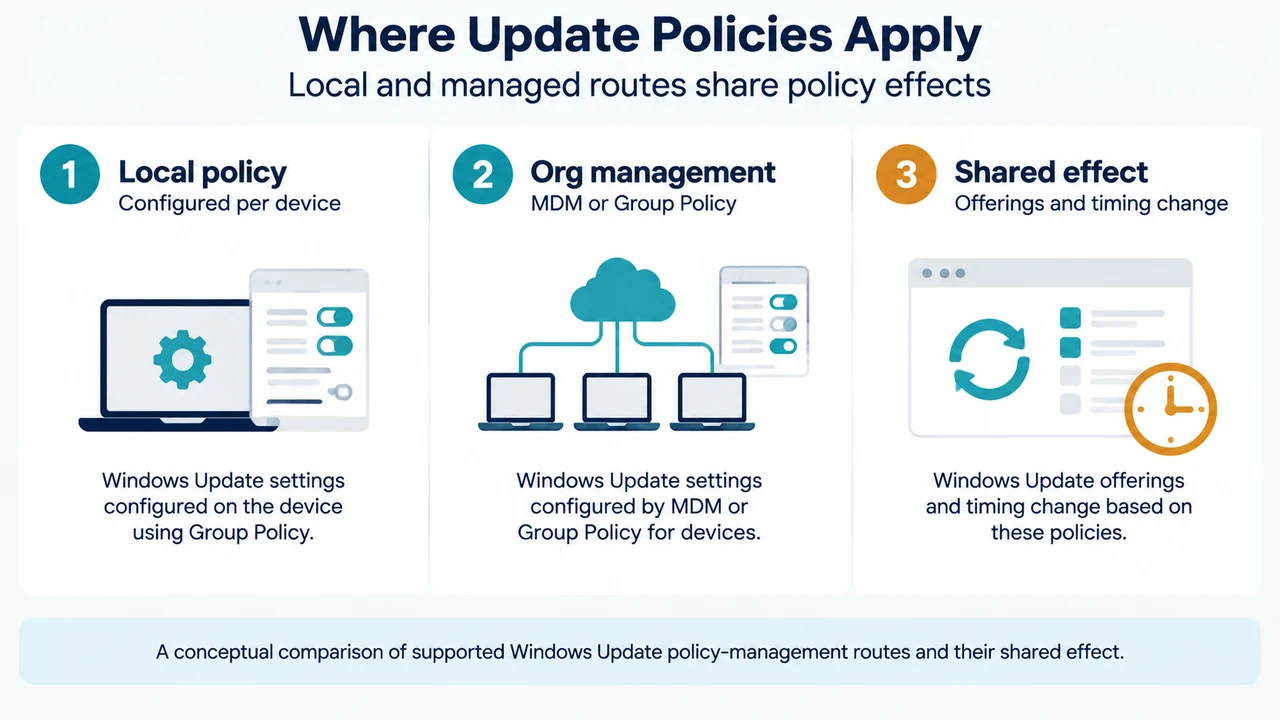 Comparison of local Group Policy and organizational management for Windows Update