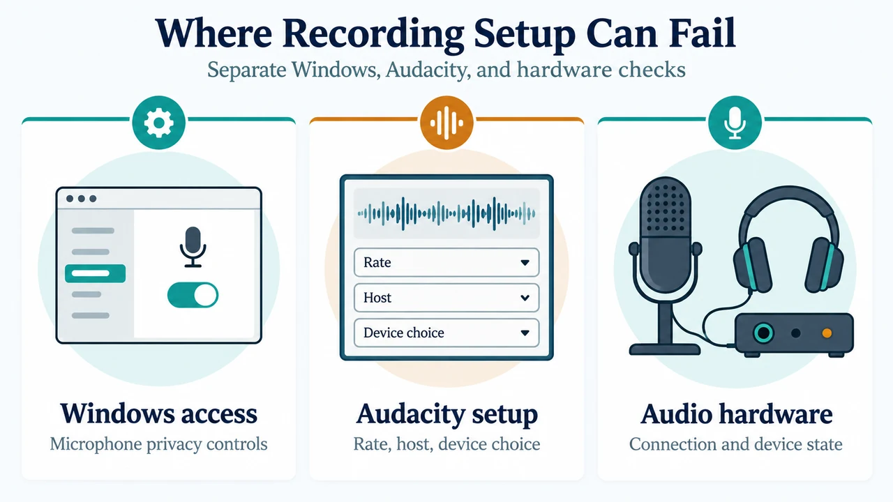 Three-way comparison of Windows permissions, Audacity settings, and audio hardware checks