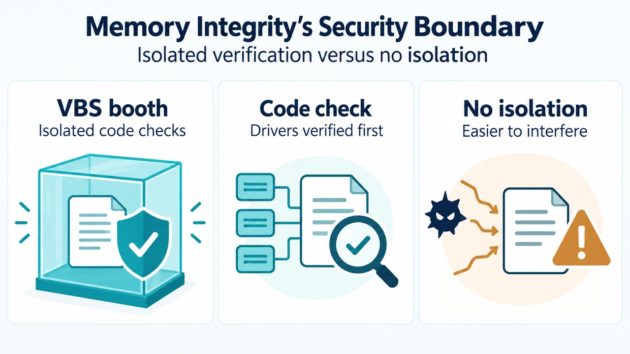 Comparison of Memory Integrity verification inside an isolated virtual environment and verification without that isolation.
