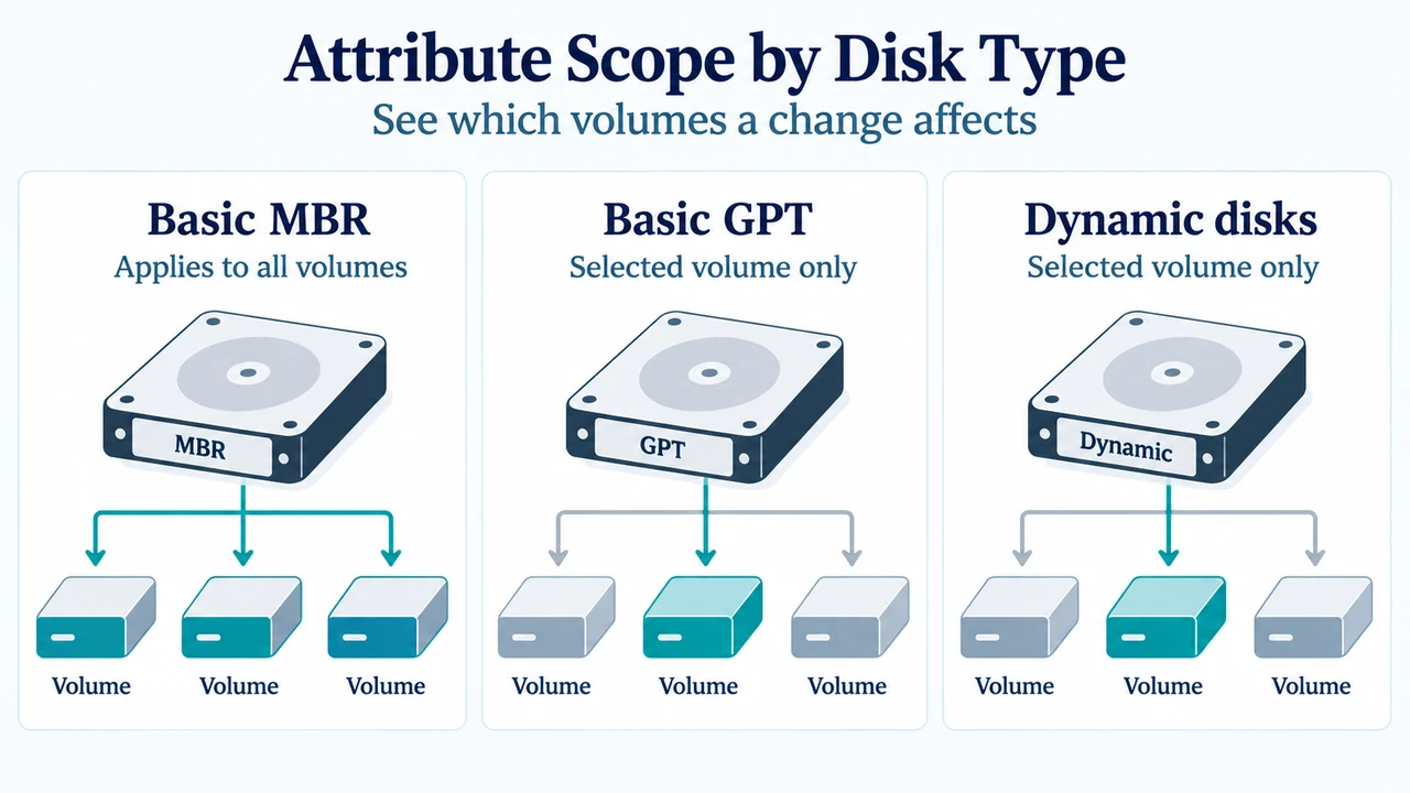 Comparison of attribute scope across MBR GPT and dynamic disks