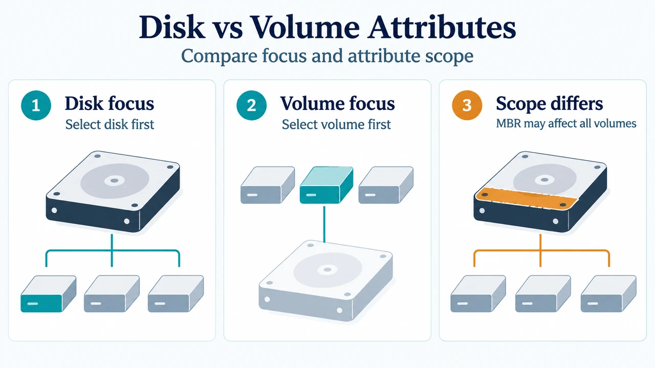 Comparison of DiskPart disk and volume attribute focus and scope