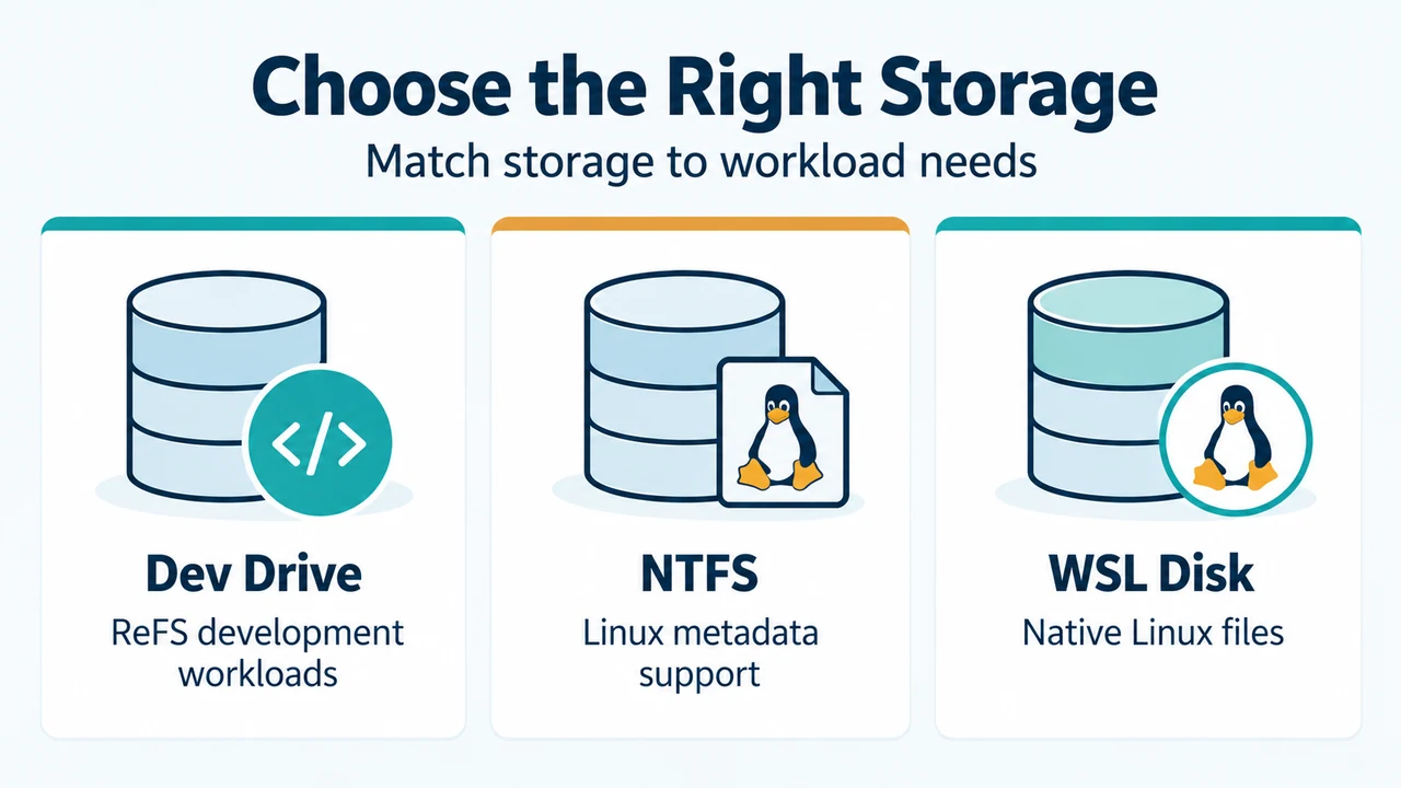 Comparison of Dev Drive ReFS use for source code and build files with NTFS or WSL storage for Linux permissions.