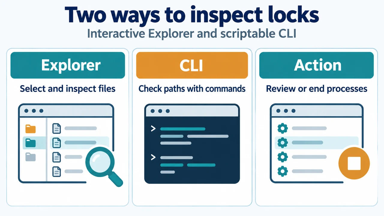 Comparison of File Locksmith Explorer and command-line workflows