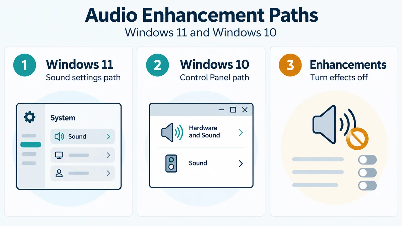 Comparison of Windows 11 and Windows 10 audio enhancement settings paths